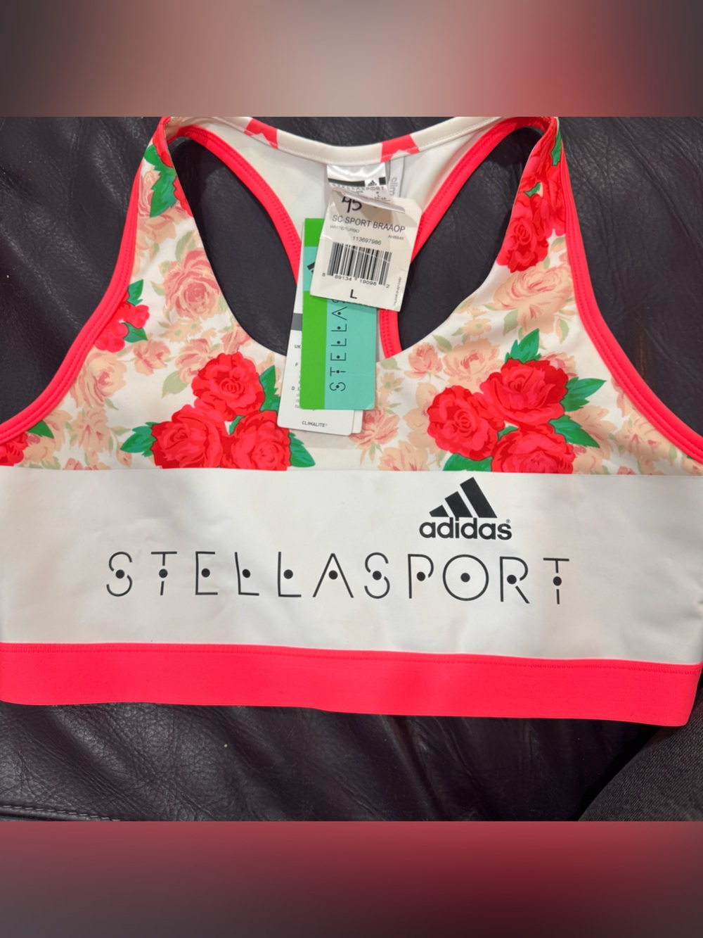 Adidas StellaSport Floral Sports Bra in White and Red and stars in the back